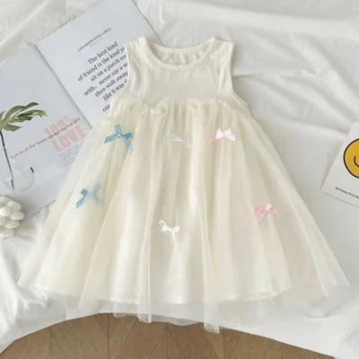 Fashionable Baby Dresses Kids Bowknot Mesh Skirt 2025 Summer