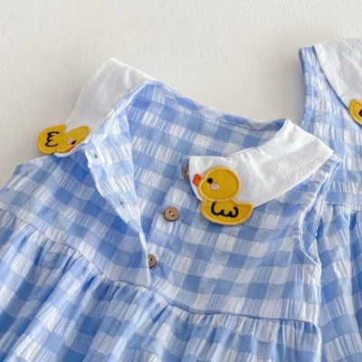 Girls Cartoon Series 2025 New Little Left Little Right Summer Baby Duck Doll Shirt Sister Outfit Children’s Skirt