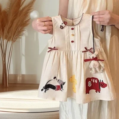 junior Kominz Baby Girl Dress – Sleeveless Cotton with Embroidery and Teddy Charm.